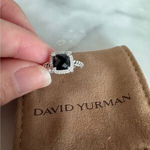 David Yurman Black Onyx Silver Ring with Diamond Halo